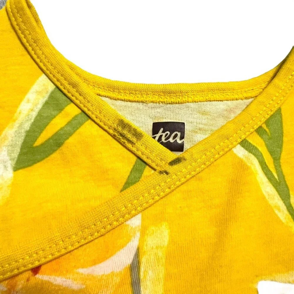 Tea Collection Sz 7 Yellow Hibiscus Flower Wrap Neck Dress